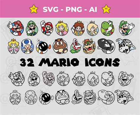 Mario Icons SVG Pack of 32 Super Mario Characters Instant Download ...