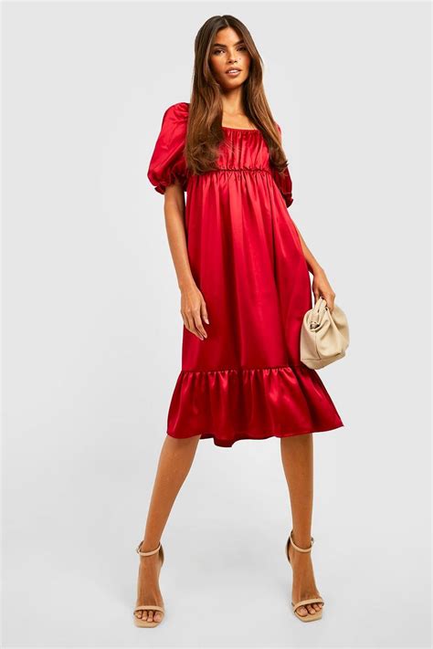 Womens Satin Puff Sleeve Frill Hem Midi Dress Boohoo Uk