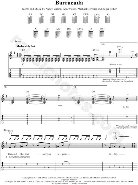 Heart Barracuda Guitar Tab In E Minor Download And Print Sku Mn0058021