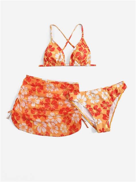 3pack Teen Girls Allover Floral Print Triangle Bikini Swimsuit Beach