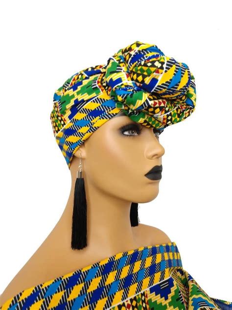 African Head Wraps For Women In Blue And Green Kente Fabric Etsy