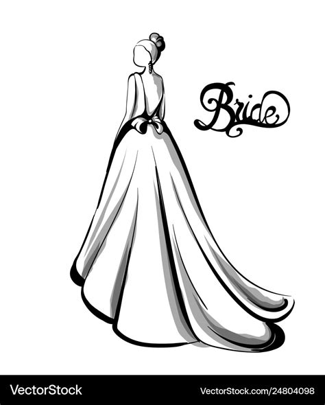 Bride Silhouette Line Art Beautiful Long Vector Image