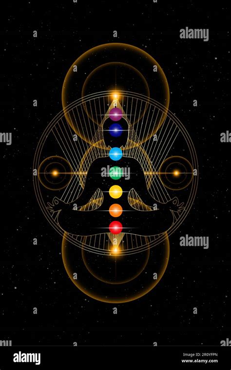 Bouddha sur or géométrie sacrée avec chakras colorés Sept chakras le