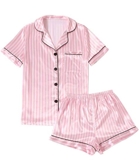 Lyaner Womens Striped Silky Satin Pajamas Short Sleeve Top With Shorts