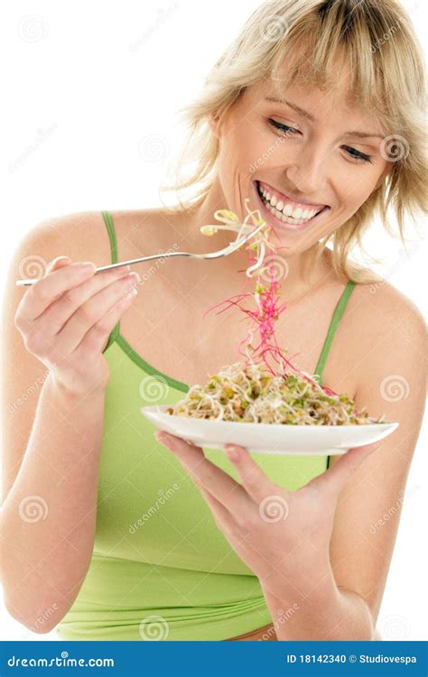 Woman Eating Bean Sprouts Stock Photo Image Of Cheerful