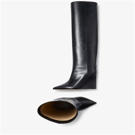 Black Calf Leather Wedge Knee High Boots Baku Kb Autumn