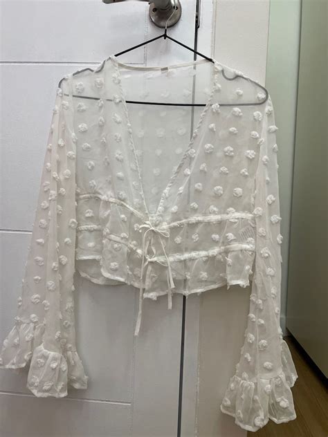 Sheer Dotted Bell Sleeve White Top Womens Fashion Tops Blouses On