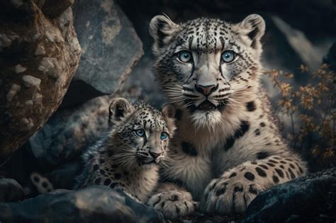 Premium Photo | Snow leopard with cub in natural habitat generative ai