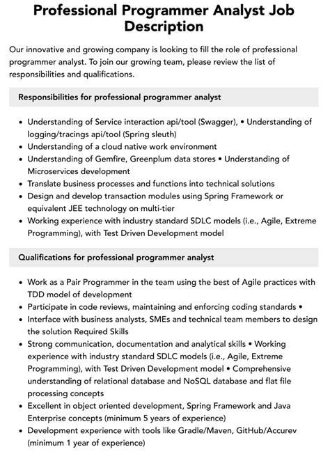 Professional Programmer Analyst Job Description Velvet Jobs