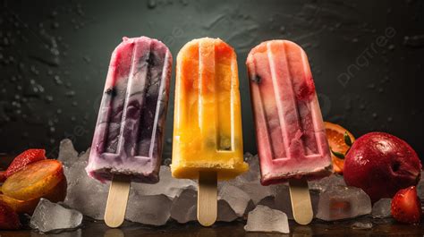 Paletas De Hielo Con Frutas Y Palitos De Hielo Sobre Un Fondo Negro