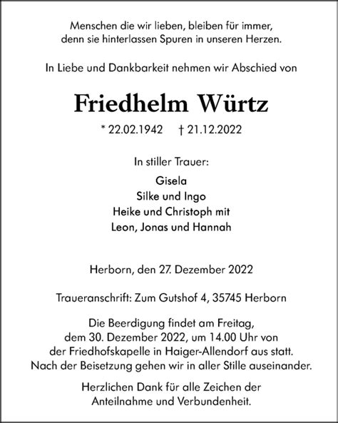 Traueranzeigen von Friedhelm Würtz vrm trauer de