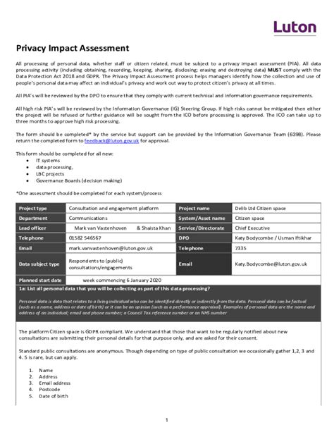 Fillable Online Privacy Impact Assessment General Data Protection