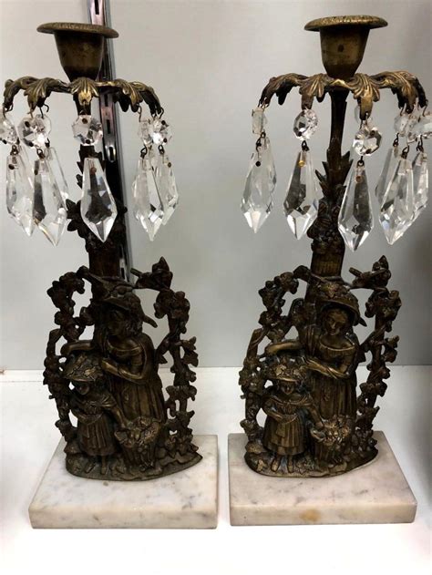 Sold Price Antique Brass Candle Holders On Marble Base Crystals September 5 0118 7 15 Pm Edt