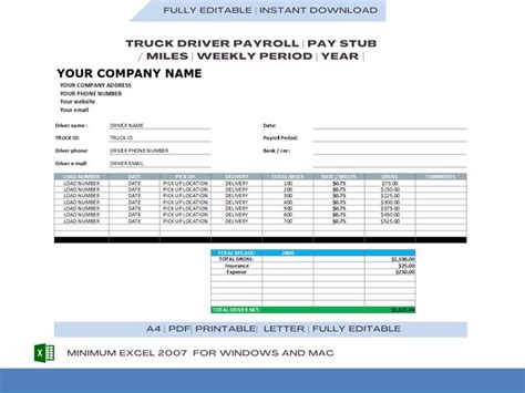 Truck Driver Pay Roll Earning Statement Template Pay Slip Creator for Truck Driver Mile Excel ...