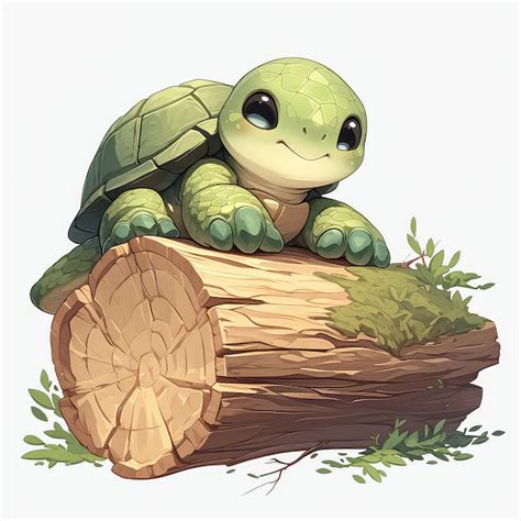 Premium Vector A Turtle On A Log Cartoon Style