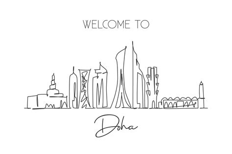 Single Continuous Line Drawing Of Doha City Skyline Qatar Famous City