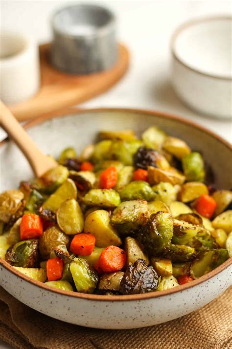 Roasted Potatoes Carrots And Brussels Sprouts Suebee Homemaker