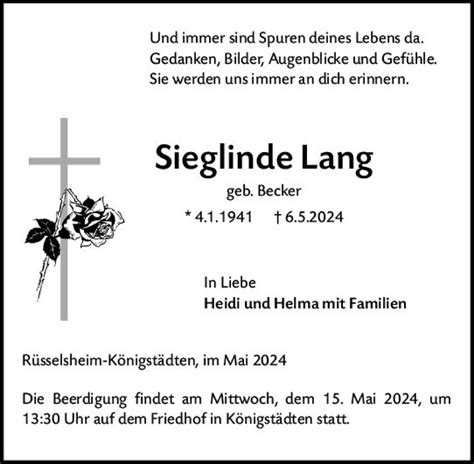 Traueranzeigen Von Sieglinde Lang Vrm Trauer De