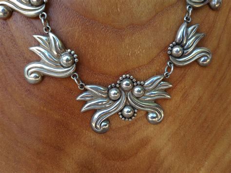 Vintage Ornate Taxco Mexico Sterling Silver Necklace Gem