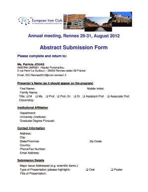 Fillable Online Abstract Submission Form European Iron Club Fax Email