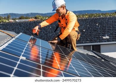 Solar Panel Technician Drill Installing Solar Stock Photo 341987081