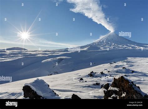 Beautiful Volcanic Landscape Of Kamchatka Winter View Of Eruption