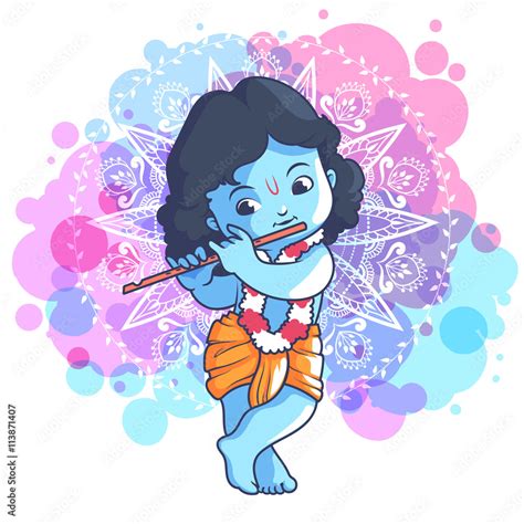 Little cartoon Krishna with a flute. Stock Vector | Adobe Stock