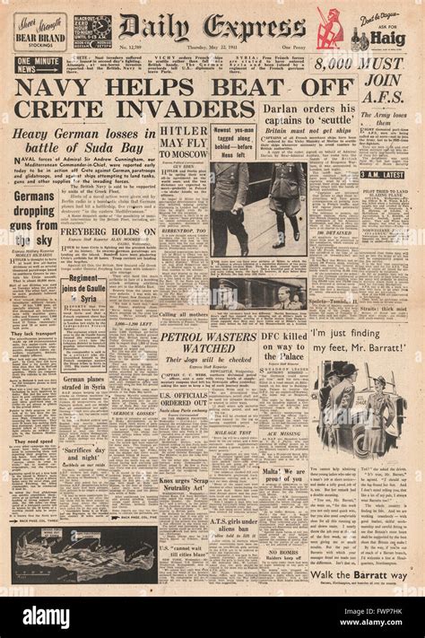 1941 Front Page Daily Express Battle For Crete And Part Time Firemen To