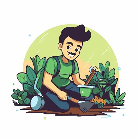 Hombre jardinero trabajando en el jardín ilustración vectorial de