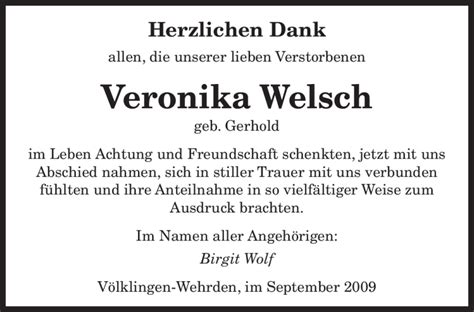 Traueranzeigen Von Veronika Welsch Saarbruecker Zeitung Trauer De