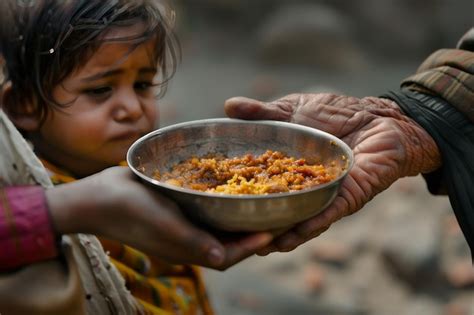 A Starving Person Is Holding A Bowl Of Food Premium Ai Generated Image