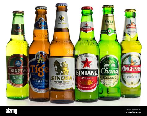 Selection Of Asian Lager Beers Isolated On A White Background Stock