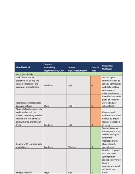 Risk Management Plan Identified Risk Severity Mitigation Strategies