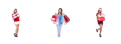 Festive Brunette With A Stack Of Gifts A Composite Image Fancy Dress