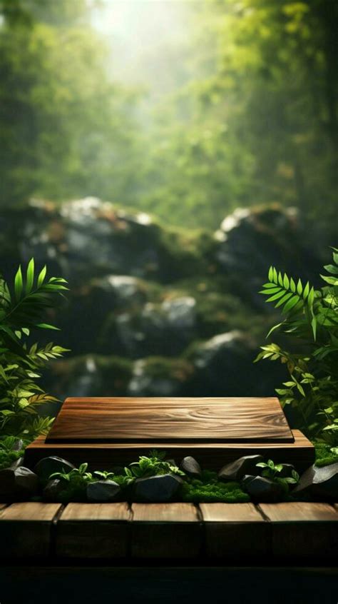 Nature Inspired Wooden Podium With Ai Generated Leaves Backdrop An