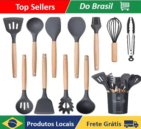 Kit Utens Lios De Cozinha Em Silicone E Cabo De Madeira