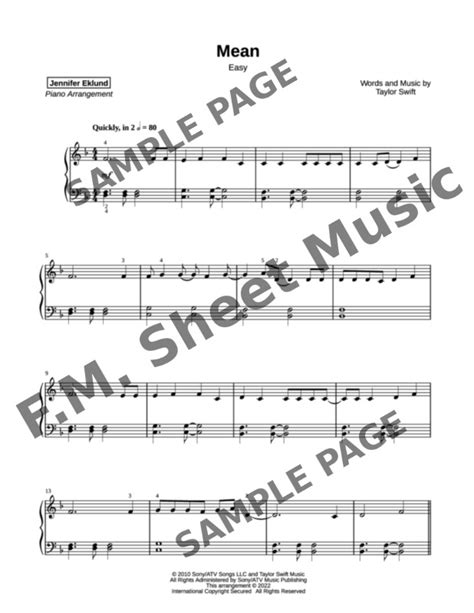 Mean Easy Piano By Taylor Swift Fm Sheet Music Pop Arrangements By Jennifer Eklund