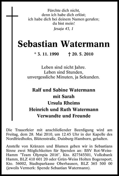 Traueranzeigen Von Sebastian Watermann Trauer In NRW De