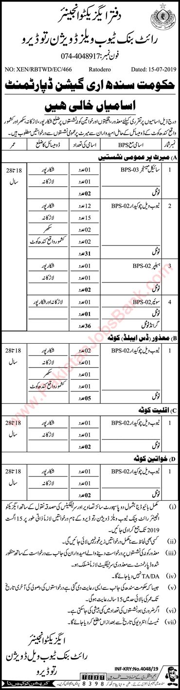 Irrigation Department Sindh Jobs July Tubewell Division Ratodero