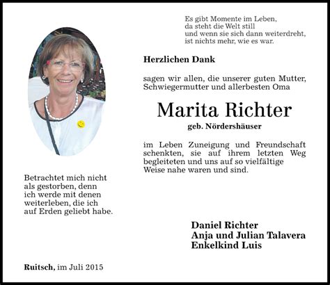 Traueranzeigen Von Marita Richter Rz Trauer De