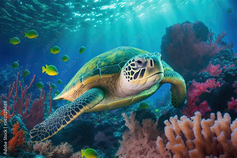 Close Up Of A Green Sea Turtle Swimming Above A Coral Reef Sea Turtles