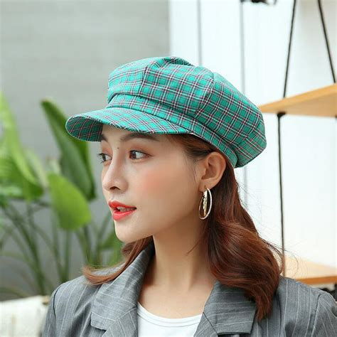 V I P Women British Style Plaid Beret Hat Short Brim Octagonal