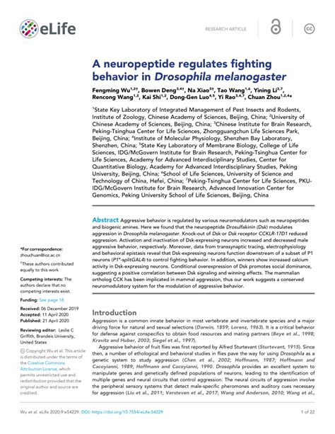 (PDF) A neuropeptide regulates fighting behavior in Drosophila melanogaster