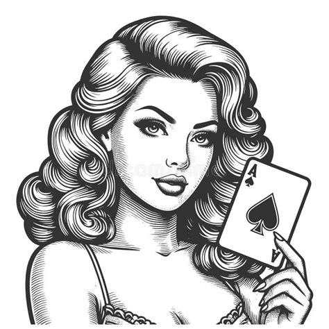 Pin Up Girl Holding Ace Of Spades Card Raster Stock Illustration Illustration Of Sketch