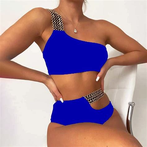 Brnmxoke Women Cutout One Shoulder High Waisted Bikini Solid Color High