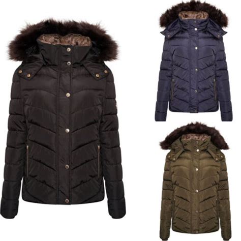 Womens Ladies Quilted Winter Coat Puffer Fur Collar Hooded Jacket Parka