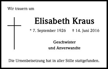 Traueranzeigen Von Elisabeth Kraus WirTrauern