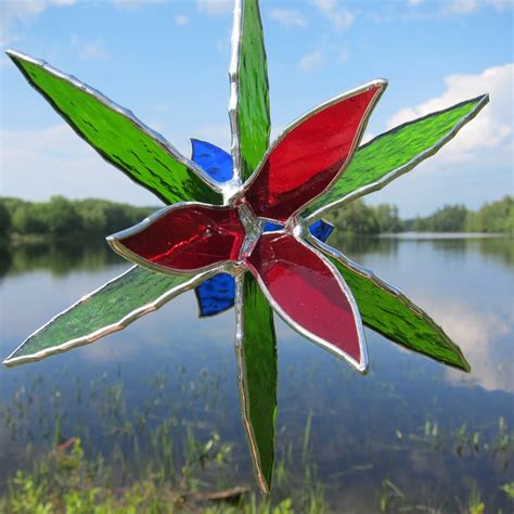 Stained Glass Window Hanging Suncatcher Star In Lime Green Blue And