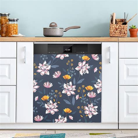 SKYSONIC Yellow Pink Flowers Dishwasher Magnet Cover Kitchen Dish