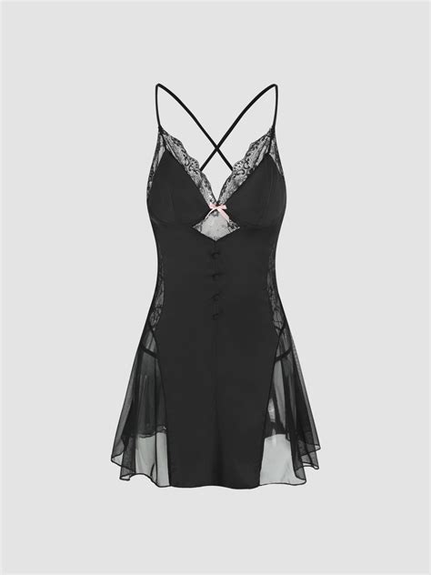 Satin Bow Lace Trim V Neck Mini Slip Nightdress Cider